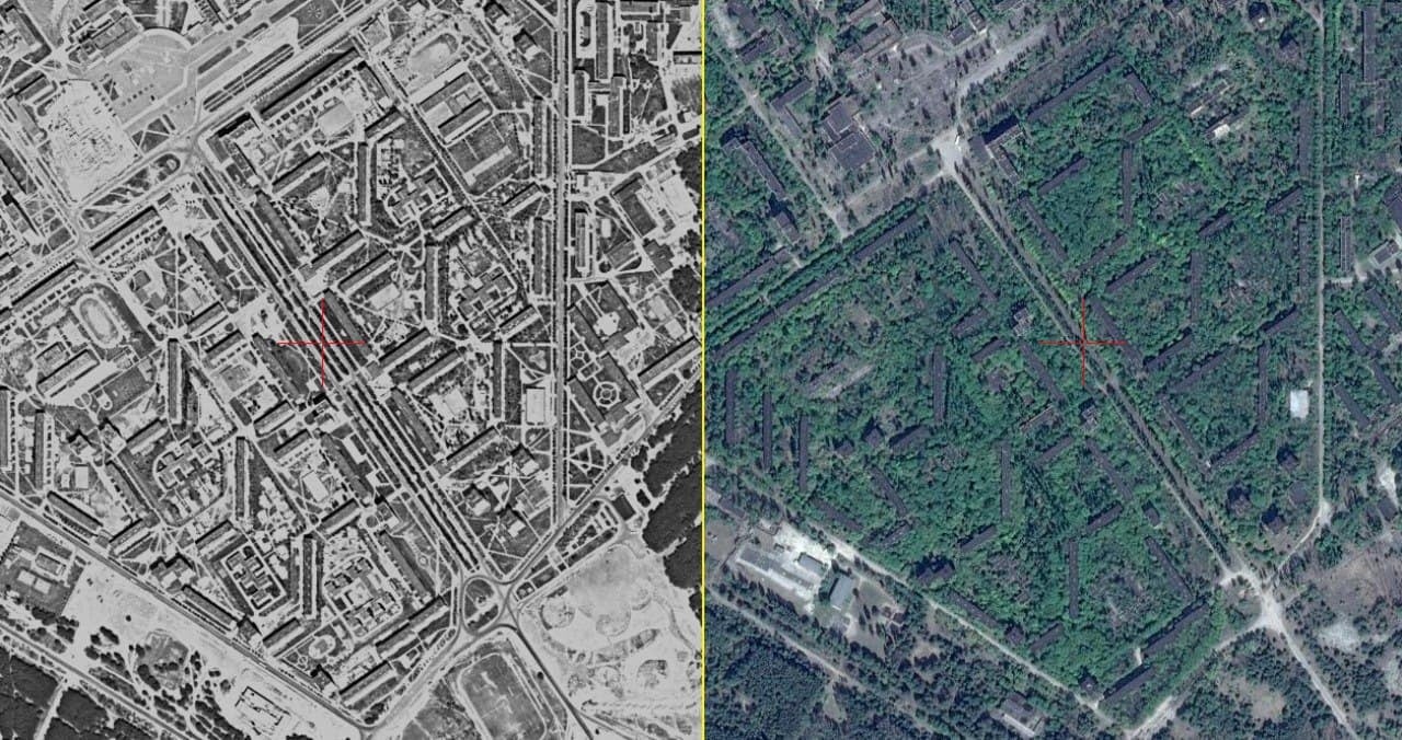 Слева – Припять и Чернобыль в 1982 году. Справа – зона отчуждения в наши дни / Фото: facebook.com/artemiy.kostyuk