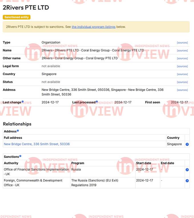 Two companies that were included in the latest sanctions package from the UK are 2Rivers DMCC (Dubai, UAE) and 2Rivers PTE LTD (Singapore).
