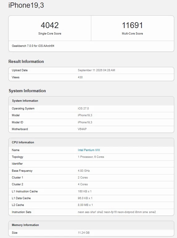 Apple A20 Pro в iPhone 18 Pro Max встановив рекорд Geekbench 7: чип випередив M5 Max